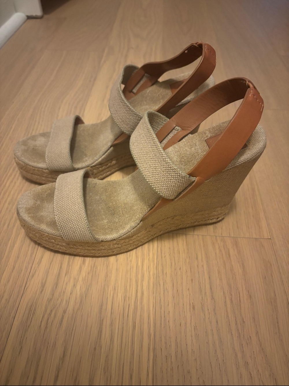Tory Burch Beige Canvas Espadrille Wedge Sandals with Tan Straps
